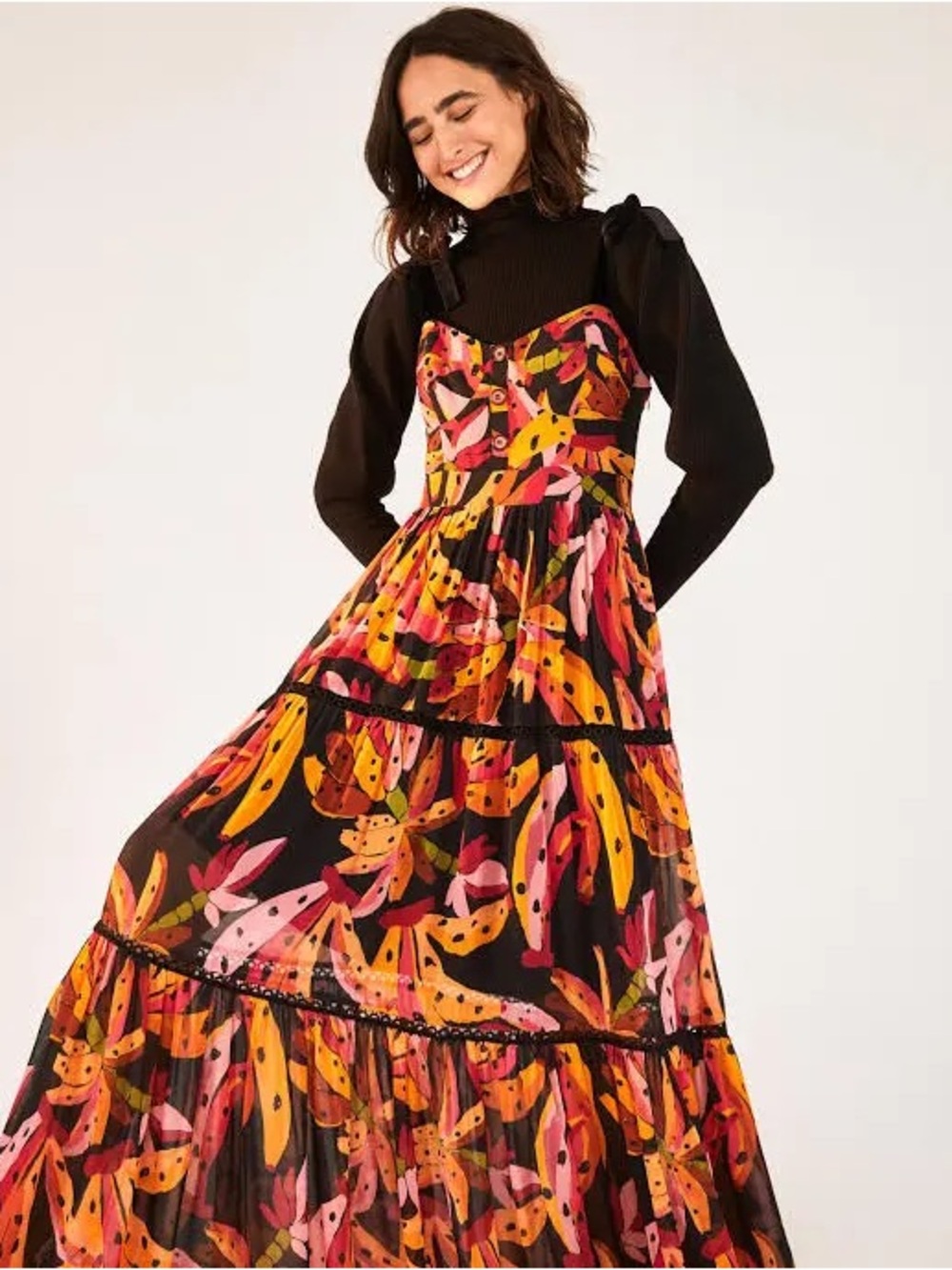 FARM Rio Black Maxi Dress with Pink, Orange & Yellow Floral Print